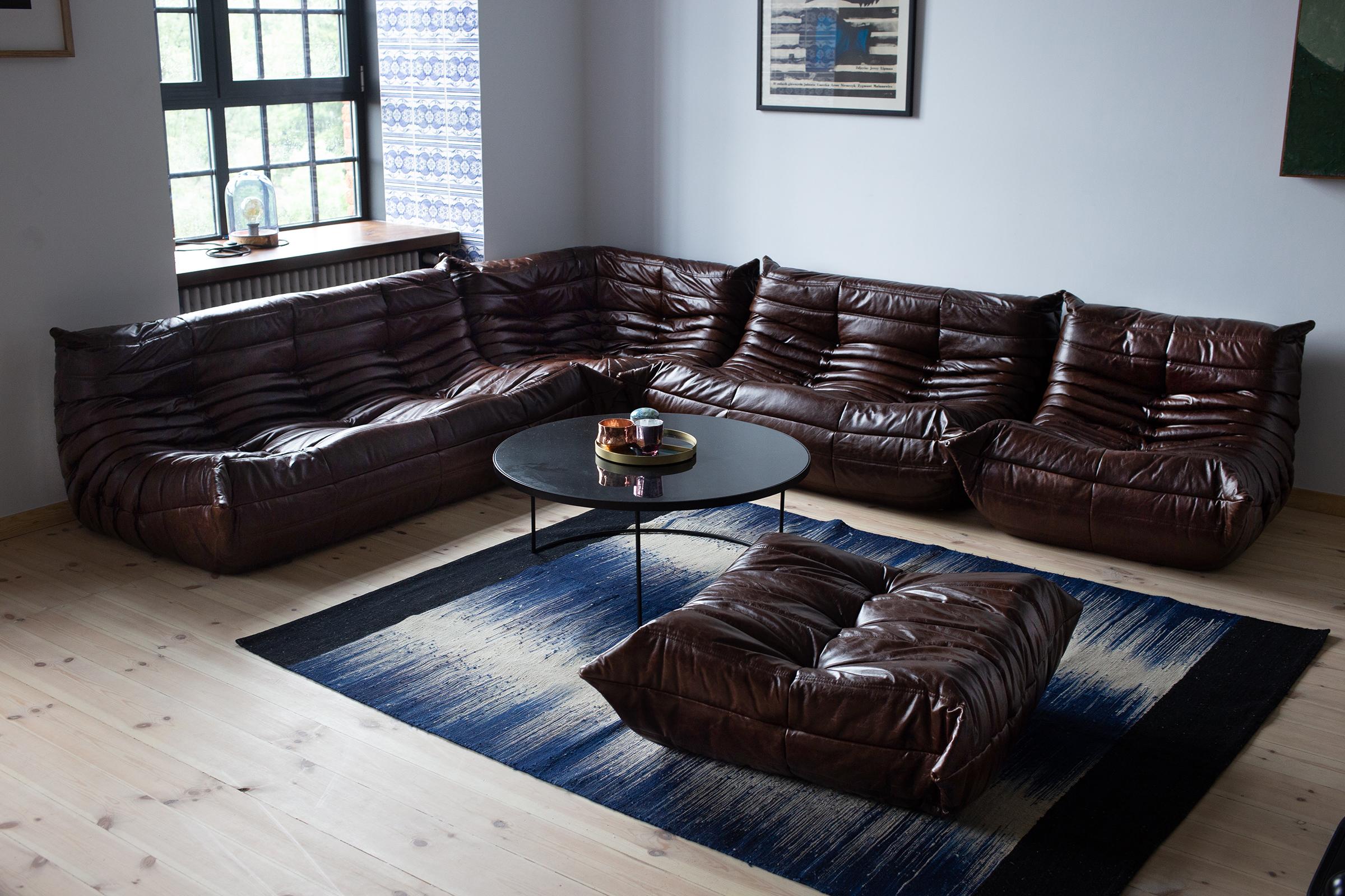 Vintage Brown Dubai Leather Togo Sofa Set by Michel Ducaroy for Ligne Roset For Sale 1