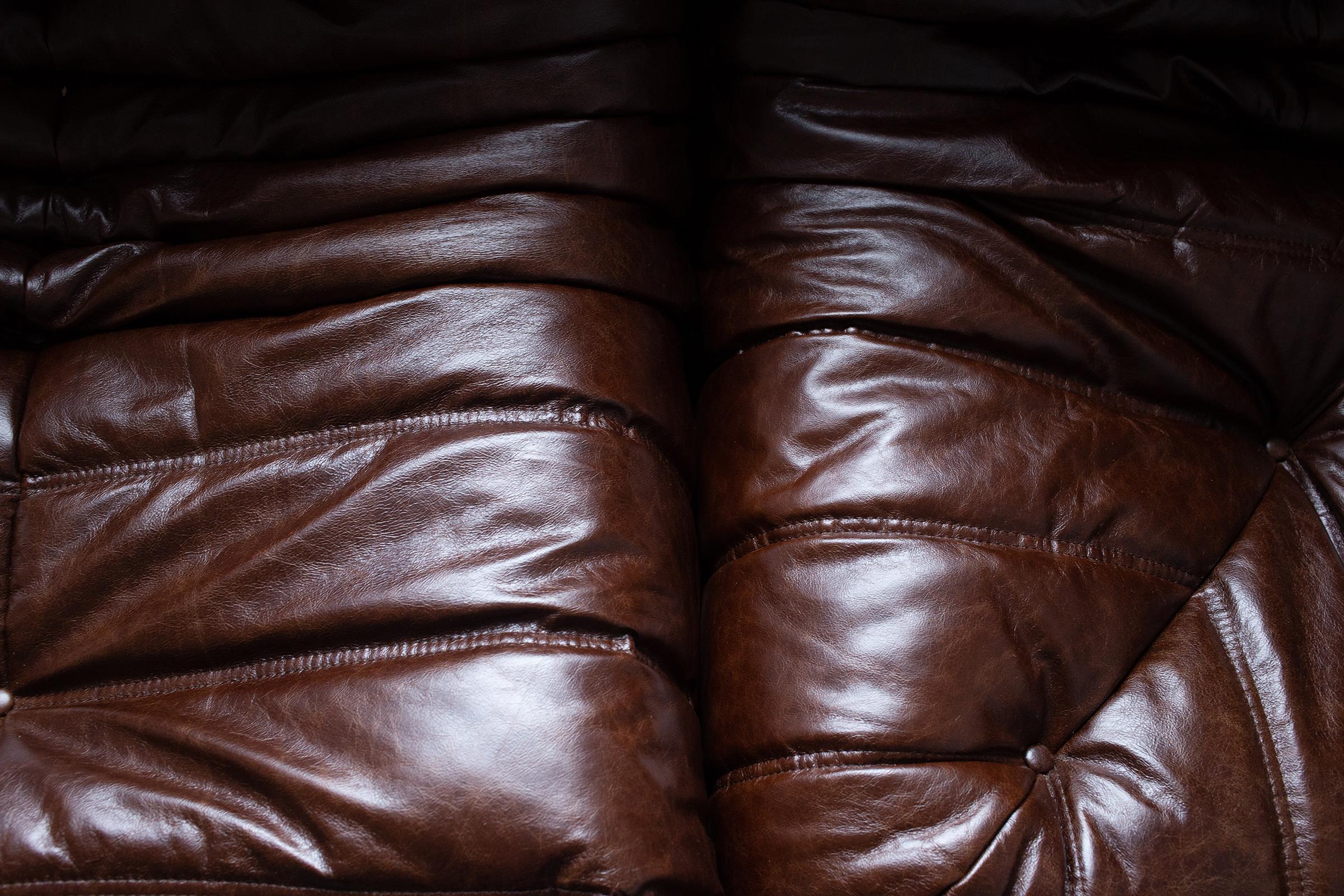 Vintage Brown Dubai Leather Togo Sofa Set by Michel Ducaroy for Ligne Roset For Sale 3