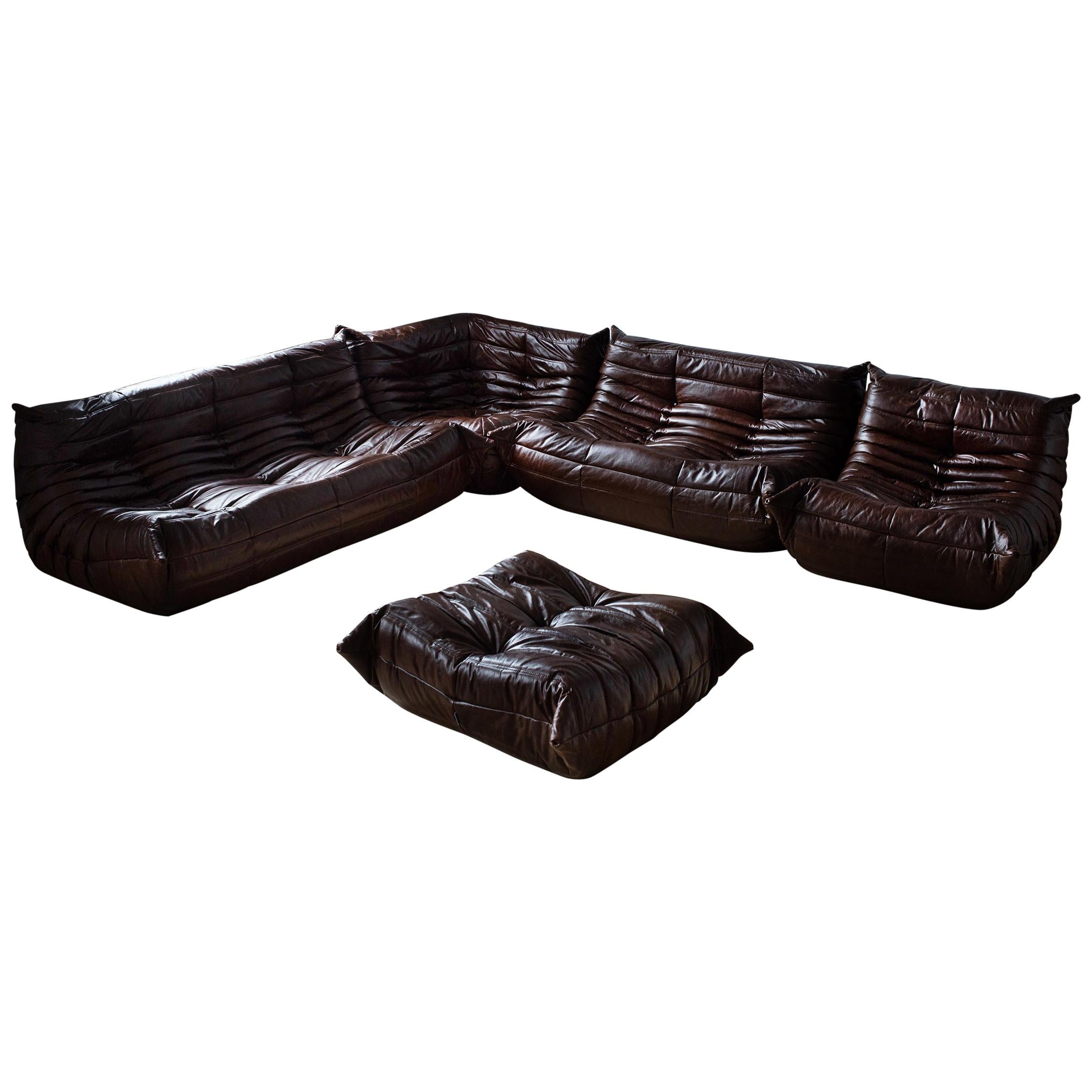 Vintage Brown Dubai Leather Togo Sofa Set by Michel Ducaroy for Ligne Roset For Sale