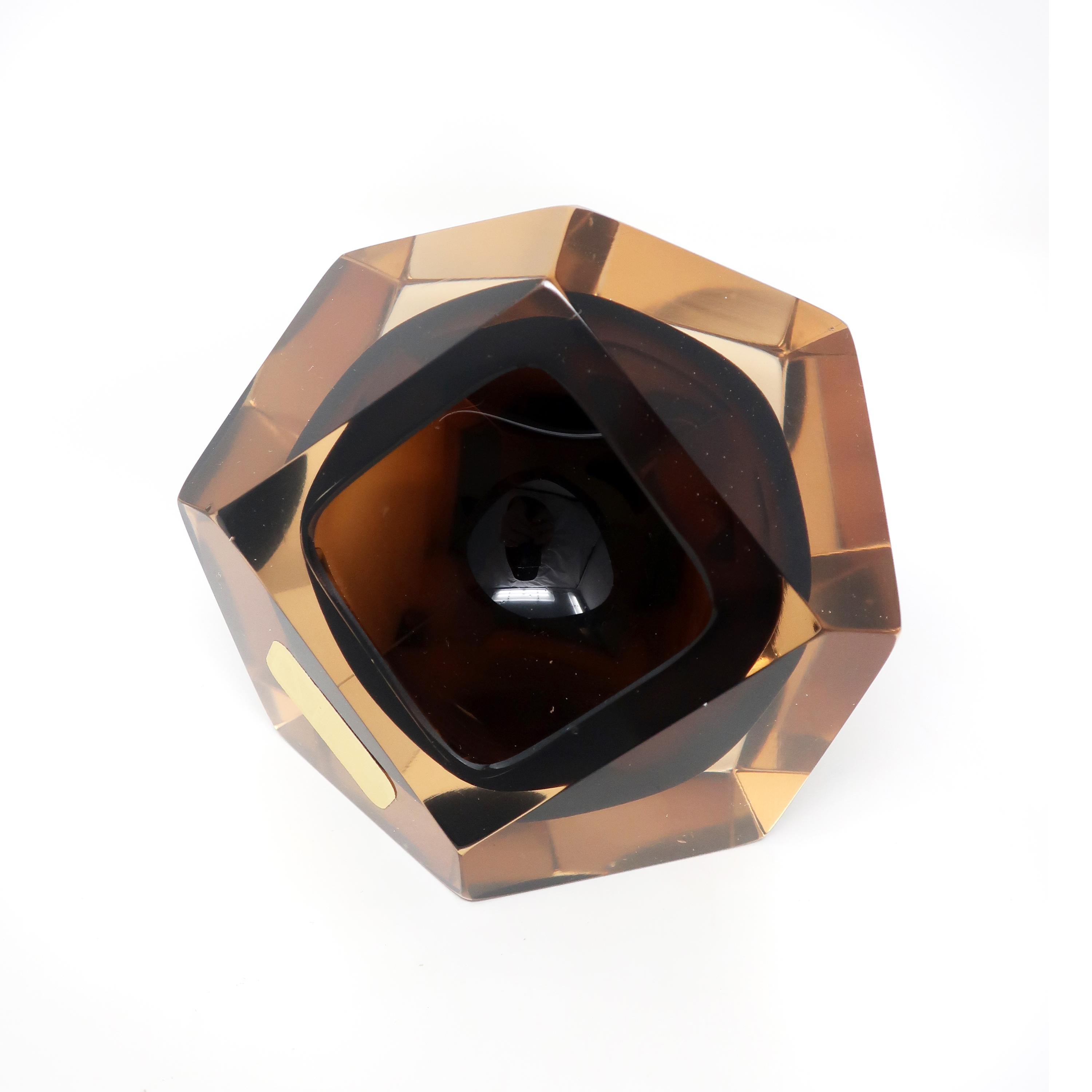 Glass Vintage Brown Faceted Sommerso Ashtray by V. Nason
