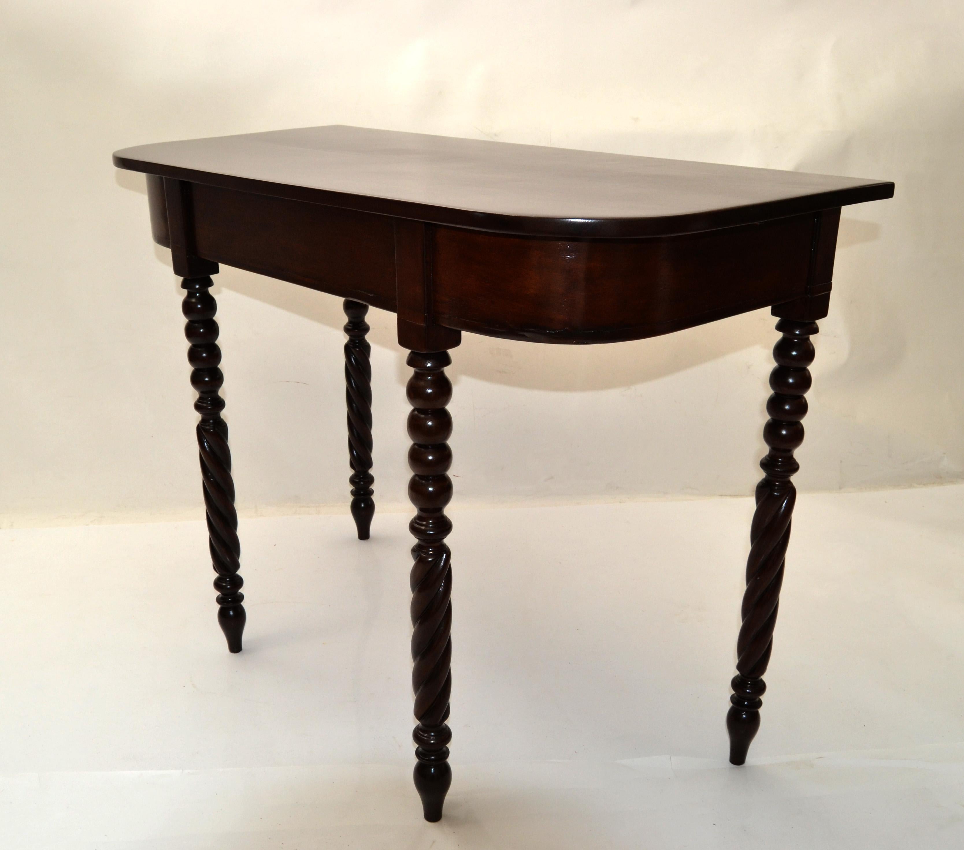 Neoclassical 19th Century Brown Finish Console or Hallway Table Vanity Turned Tapered Legs For Sale