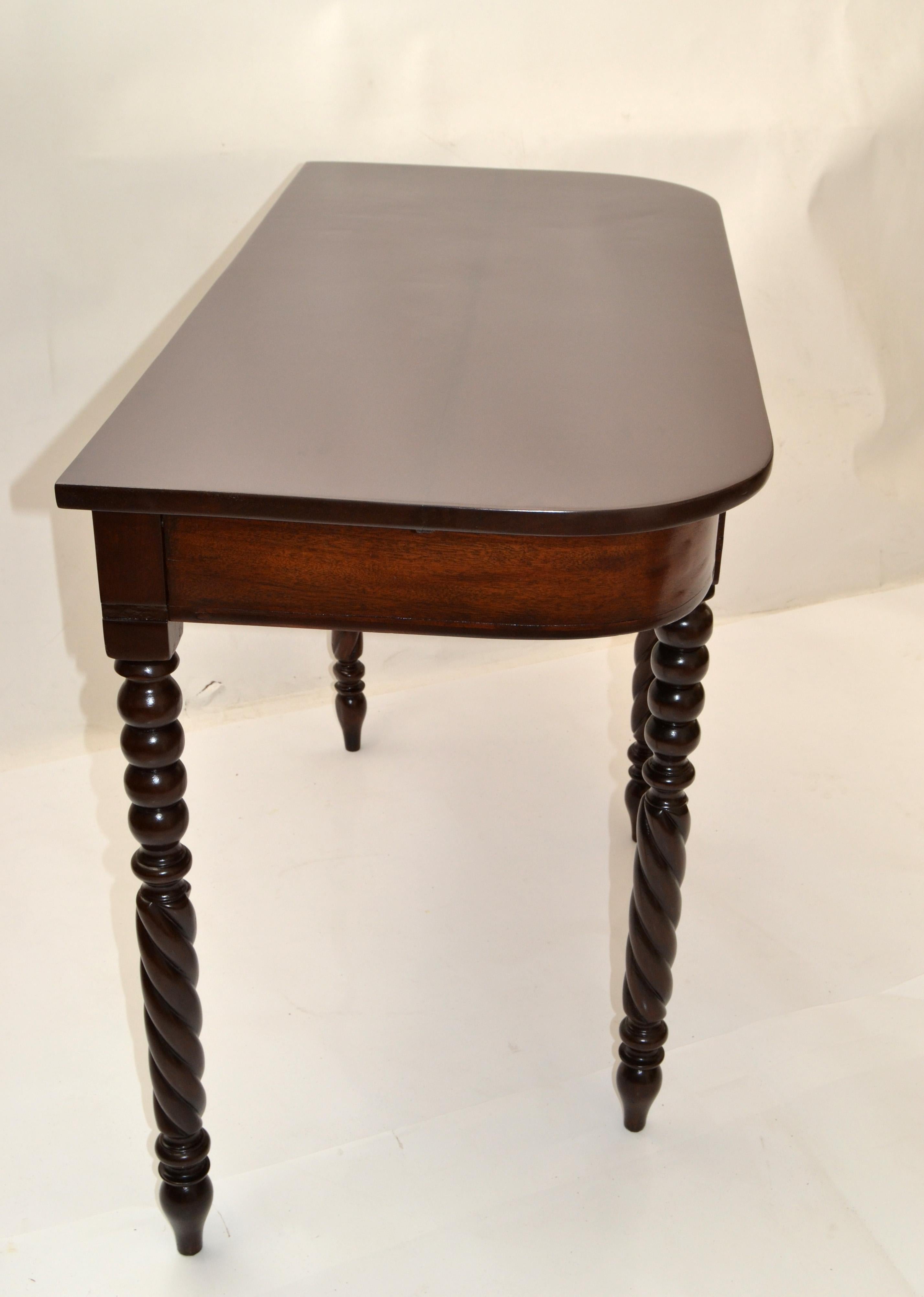 American 19th Century Brown Finish Console or Hallway Table Vanity Turned Tapered Legs For Sale