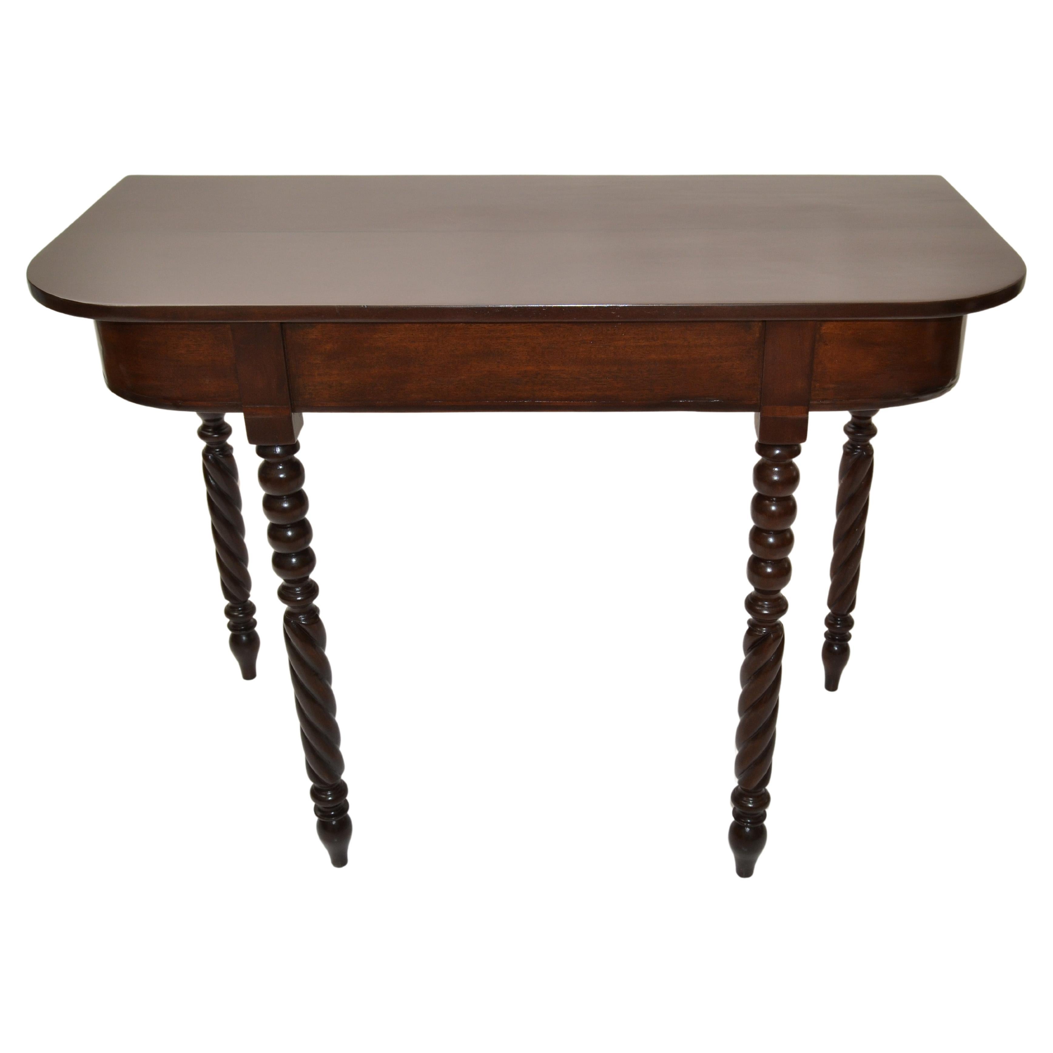19th Century Brown Finish Console or Hallway Table Vanity Turned Tapered Legs For Sale