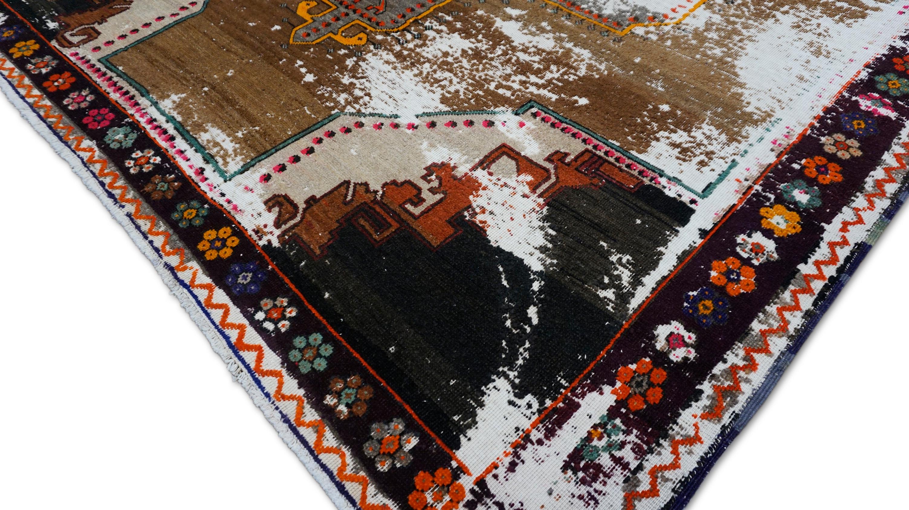 Turco Tappeto Yörük con motivo geometrico marrone vintage 8'10''x11'6'' in vendita