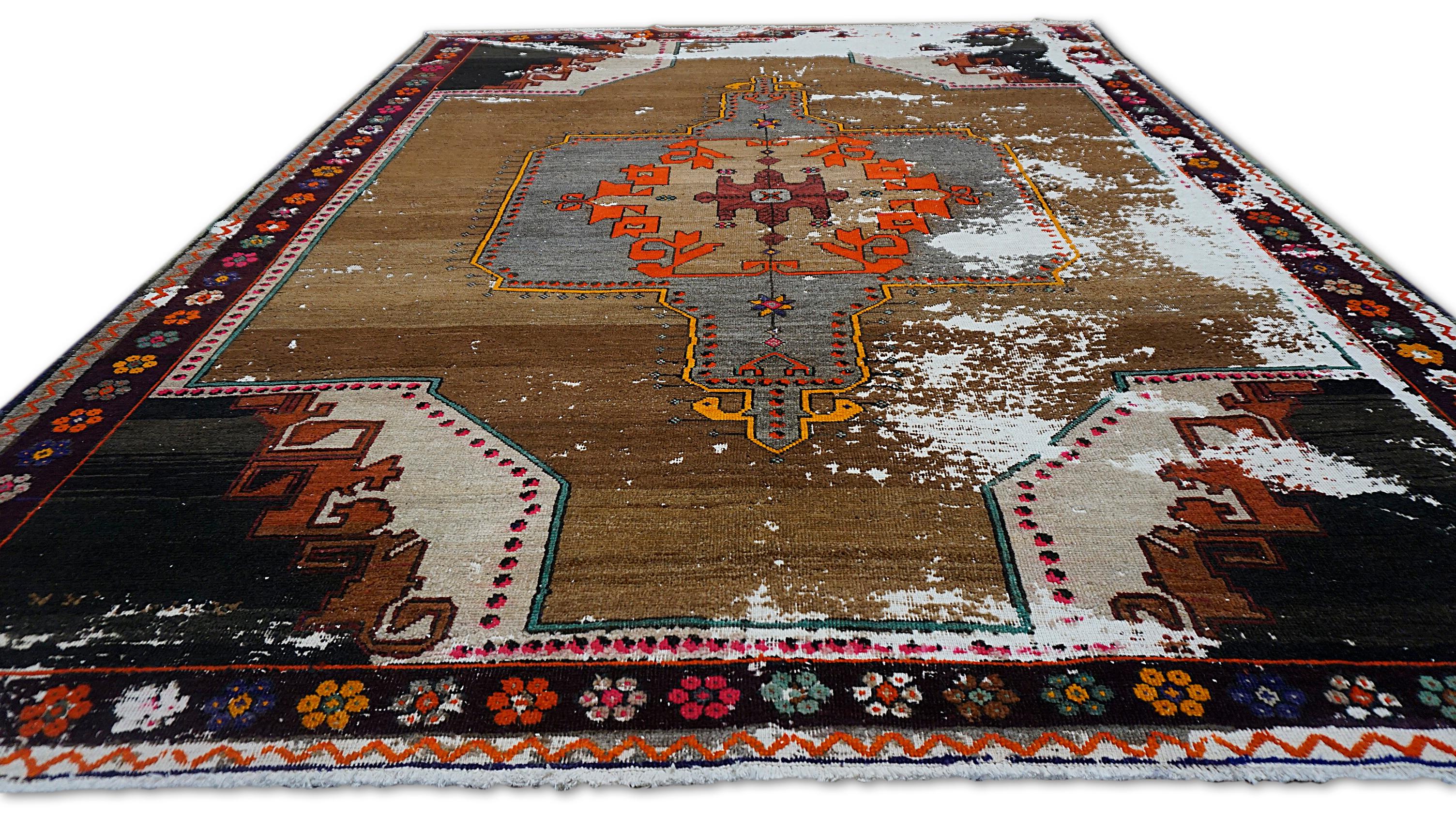 Annodato a mano Tappeto Yörük con motivo geometrico marrone vintage 8'10''x11'6'' in vendita