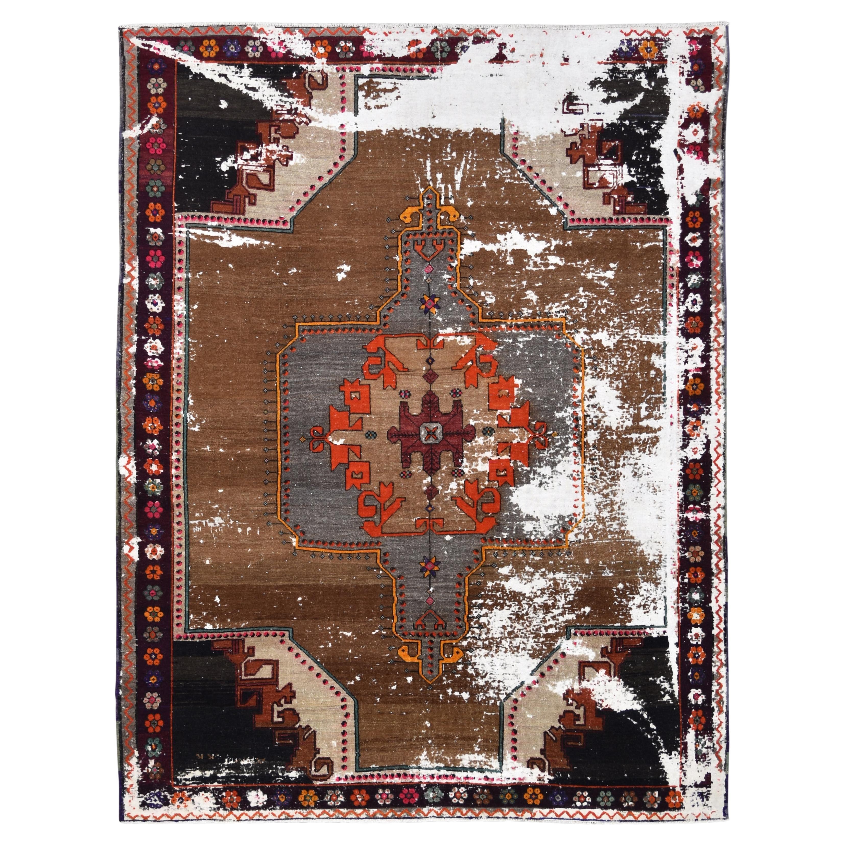Tappeto Yörük con motivo geometrico marrone vintage 8'10''x11'6'' in vendita