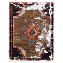 Tappeto Yörük con motivo geometrico marrone vintage 8'10''x11'6''