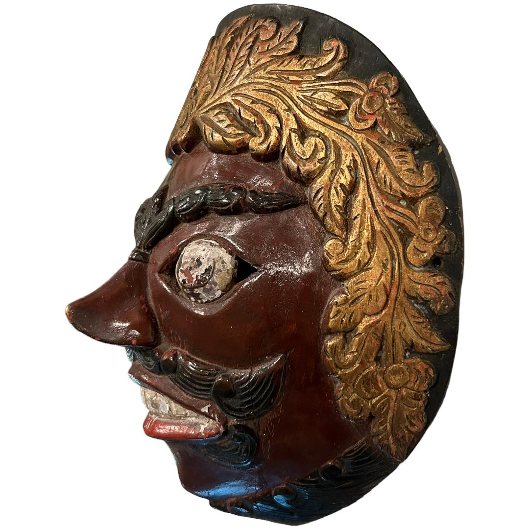 20th Century Vintage Brown/Gold Bali Topeng Dance Mask Indonesia Hand Carved Balinese Artists For Sale