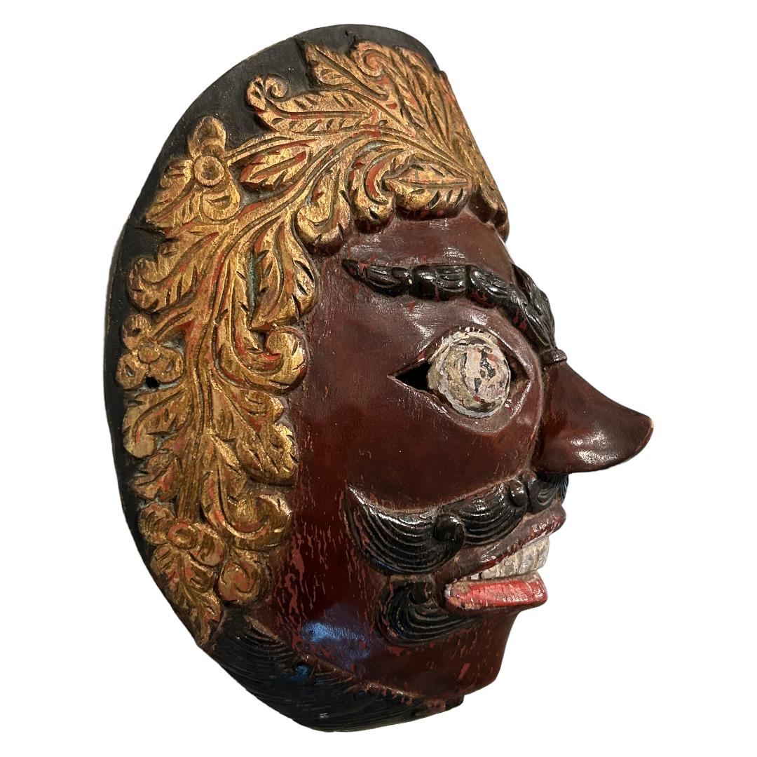 Wood Vintage Brown/Gold Bali Topeng Dance Mask Indonesia Hand Carved Balinese Artists For Sale
