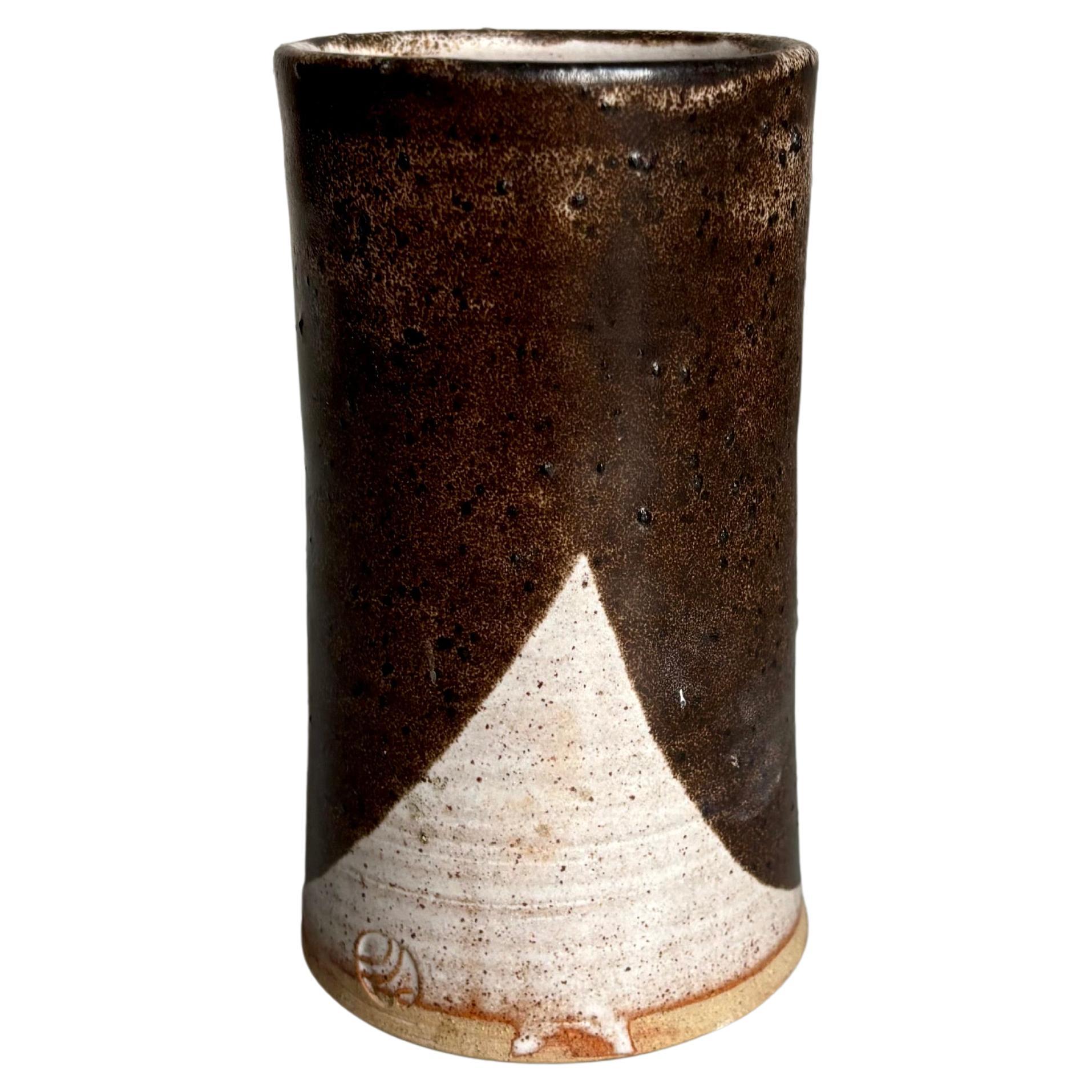 Vintage Brown, Gray Glazed Cylinder Vase, 1980s
