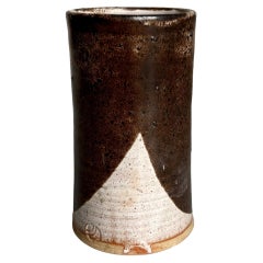 Vintage Brown, Gray Glazed Cylinder Vase, 1980s