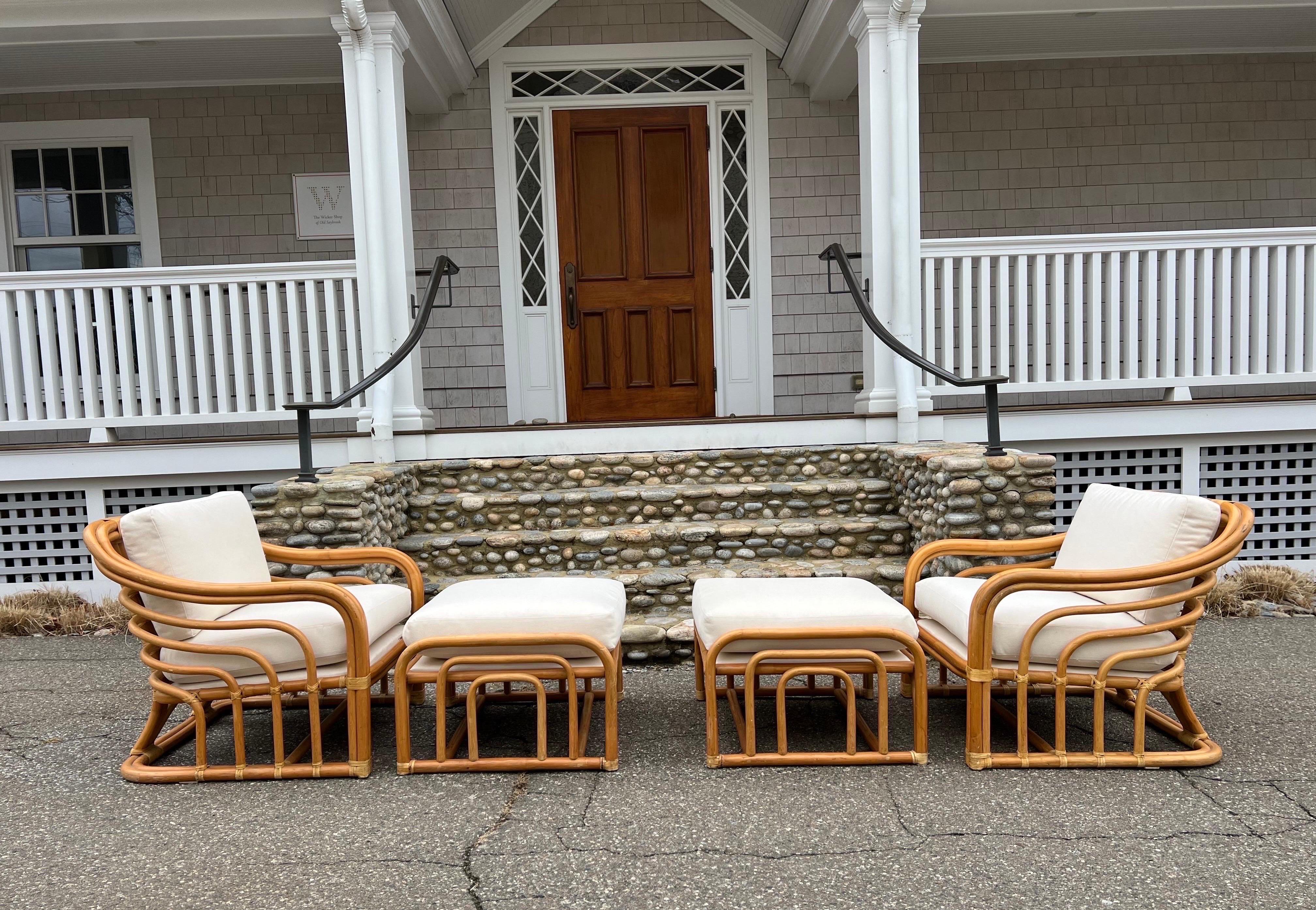 Mid-20th Century Vintage Brown Jordan Rattan Chairs and Ottomans For Sale