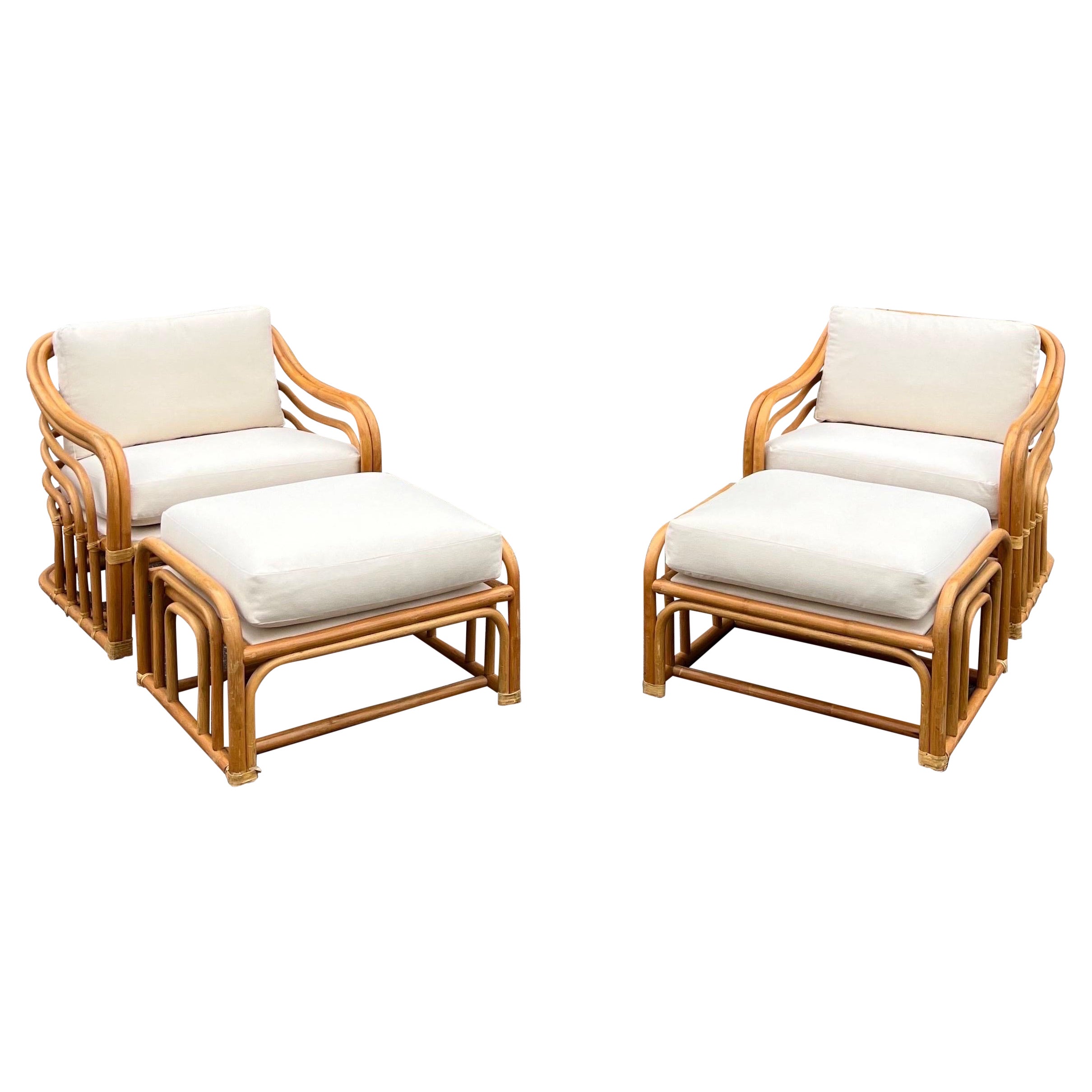 Vintage Brown Jordan Rattan Chairs and Ottomans For Sale