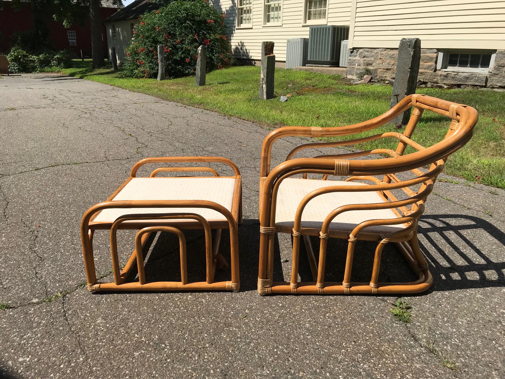 Vintage Brown Jordan Rattan Lounge Chairs with Ottomans For Sale 1