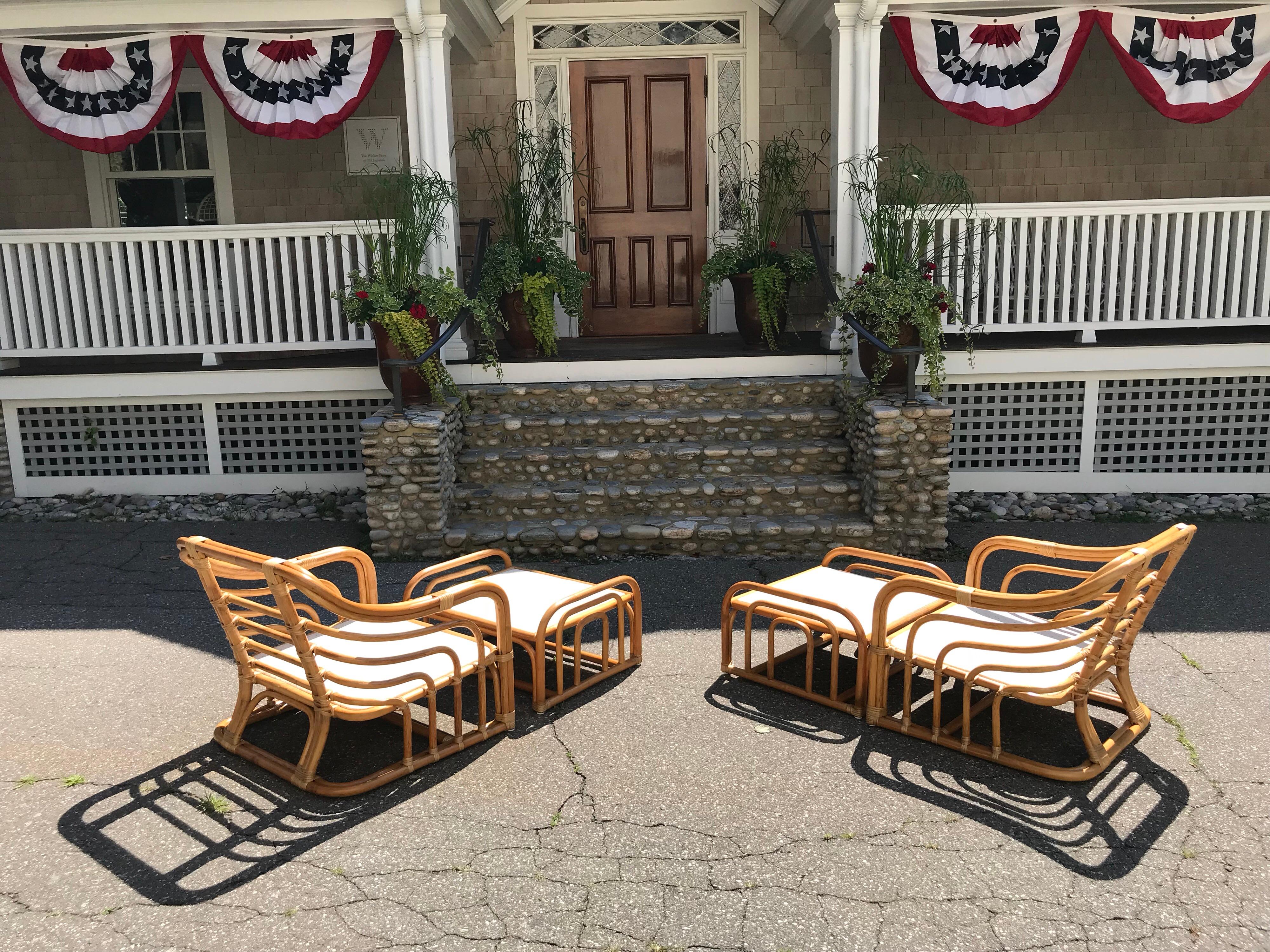 Mid-Century Modern Vintage Brown Jordan Rattan Lounge Chairs with Ottomans For Sale