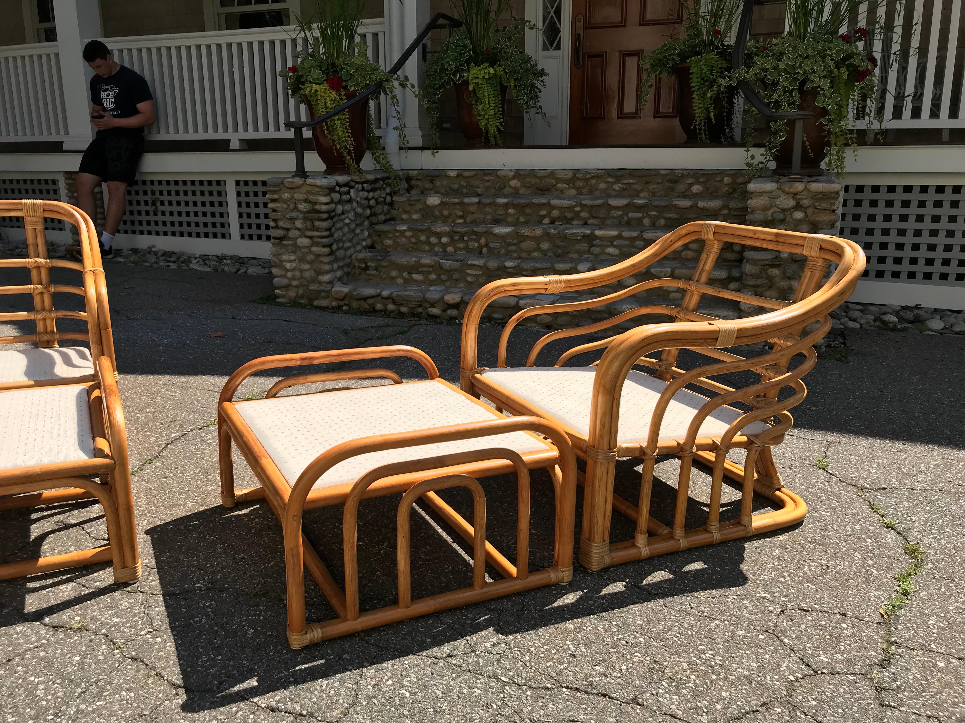 American Vintage Brown Jordan Rattan Lounge Chairs with Ottomans For Sale