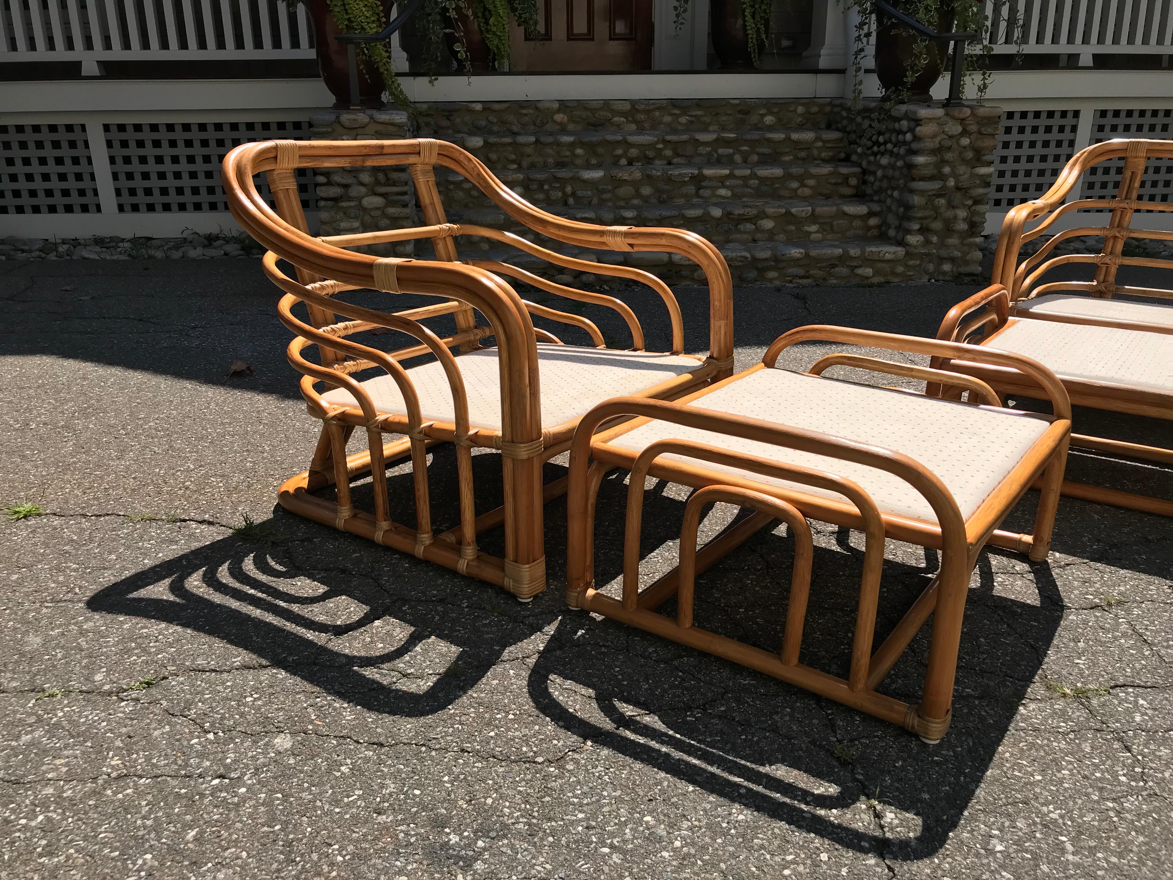 Vintage Brown Jordan Rattan Lounge Chairs with Ottomans In Excellent Condition For Sale In Old Saybrook, CT