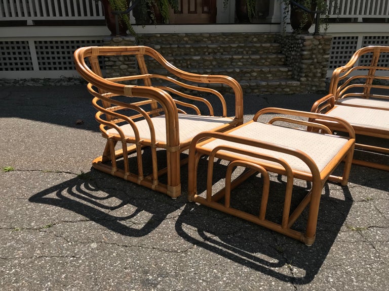 Vintage Brown Jordan Rattan Lounge Chairs with Ottomans For Sale at 1stDibs