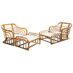 Vintage Brown Jordan Rattan Lounge Chairs with Ottomans