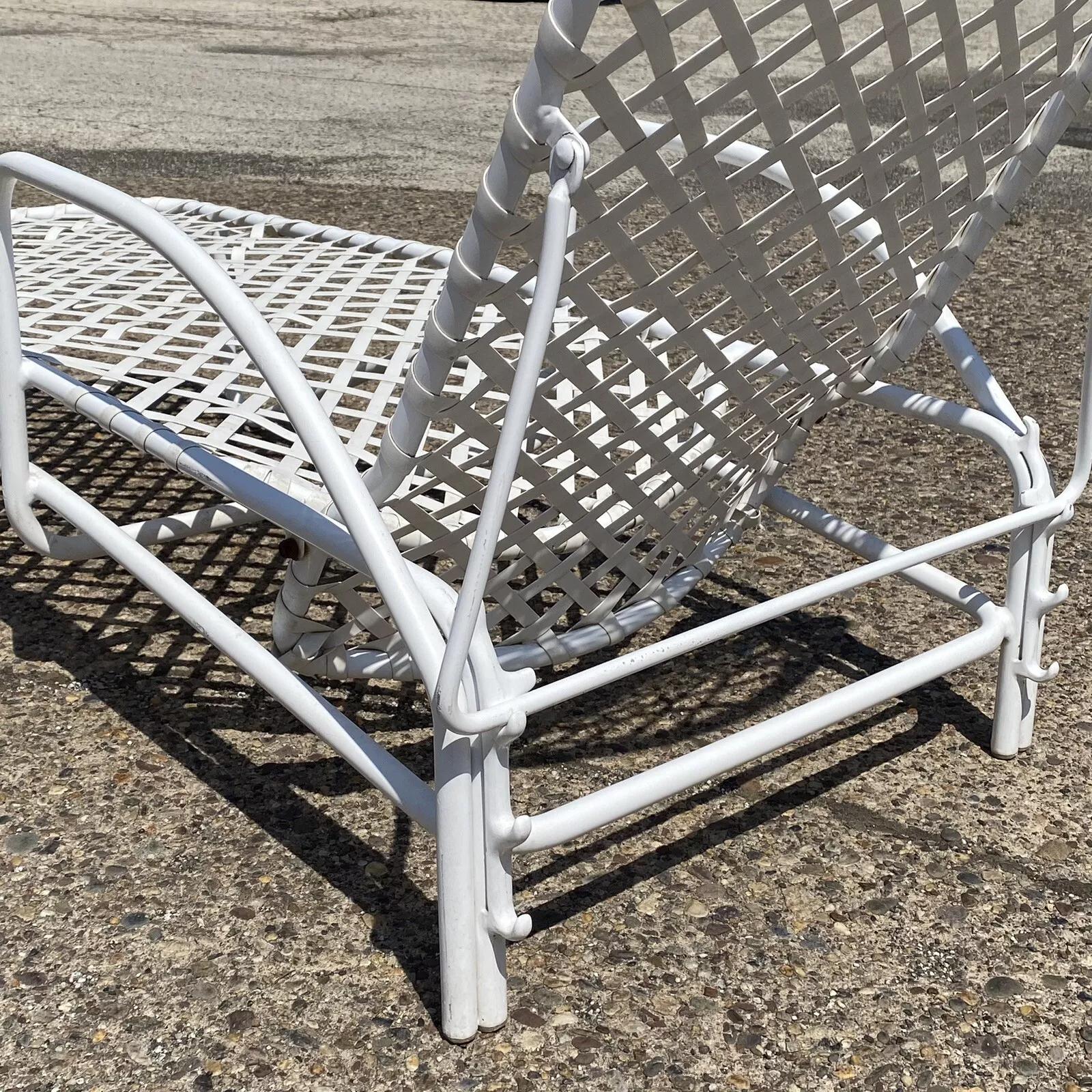 Aluminum Vintage Brown Jordan Tamiami Vinyl Strap White Patio Chaise Lounge Chair - Pair