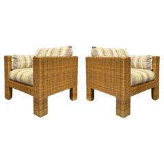 Vintage Brown Jordan Woven Cube Club Chairs Paar mit Kissen, markiert
