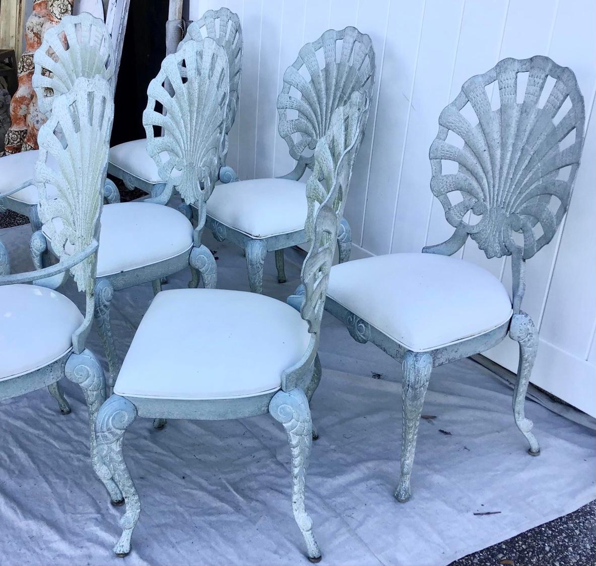 Hollywood Regency Vintage Brown Jorden Grotto Shell Back Palm Beach Regency Patio Chairs Set of 8