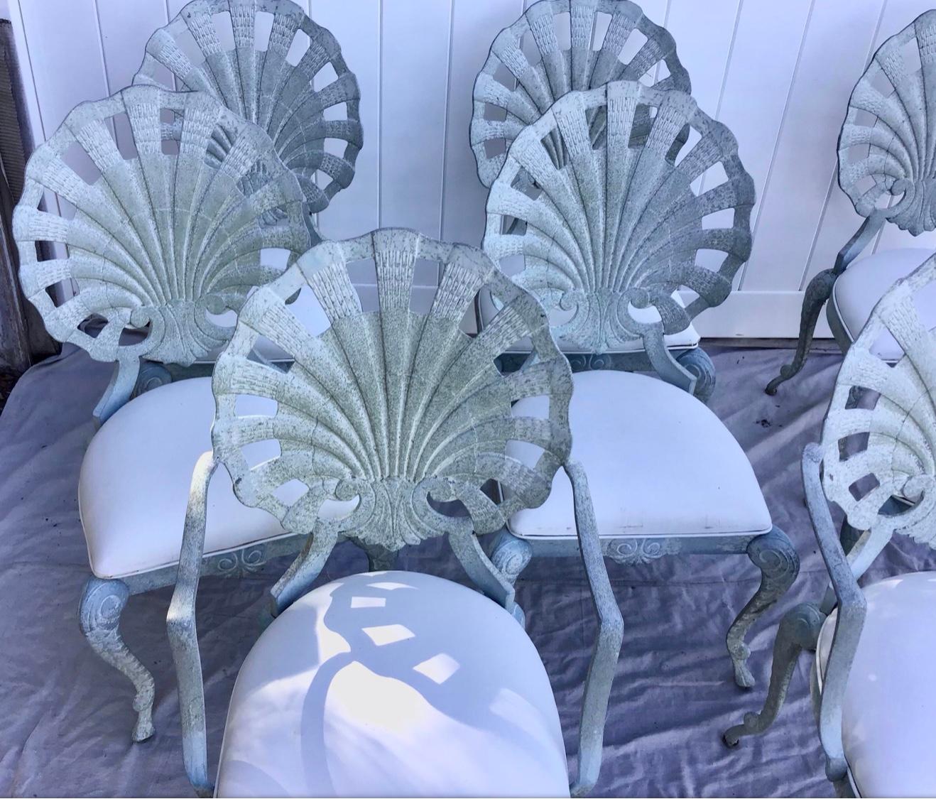 Vintage Brown Jorden Grotto Shell Back Palm Beach Regency Patio Chairs Set of 8 In Fair Condition In Bradenton, FL