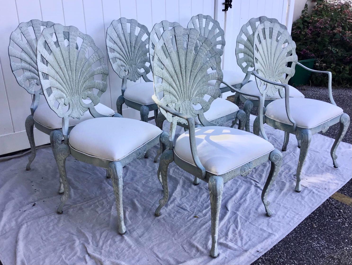 Vintage Brown Jorden Grotto Shell Back Palm Beach Regency Patio Chairs Set of 8 1