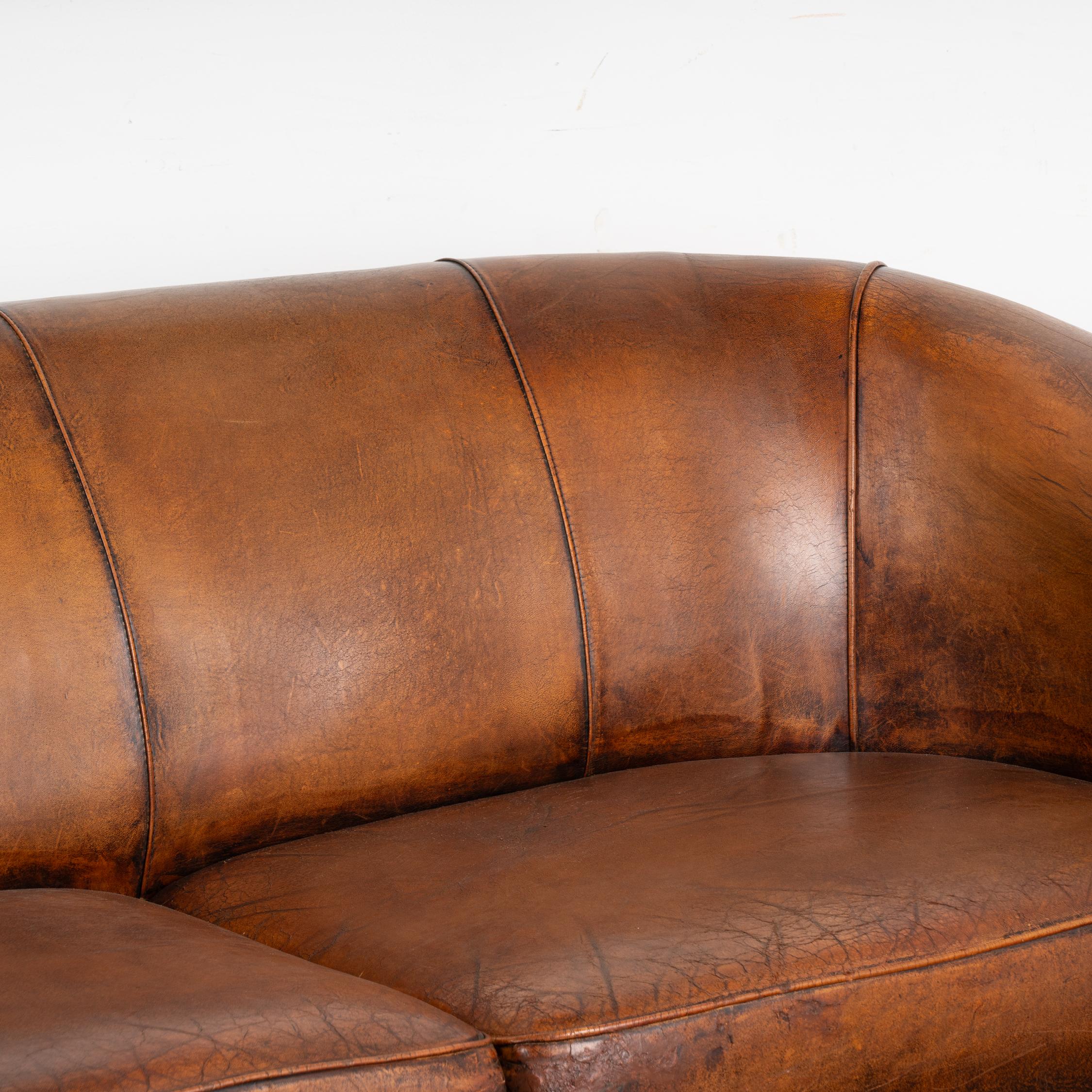 Vintage Brown Leather 2-Seat Sofa Loveseat from The Netherlands, circa 1960-70 In Good Condition In Round Top, TX