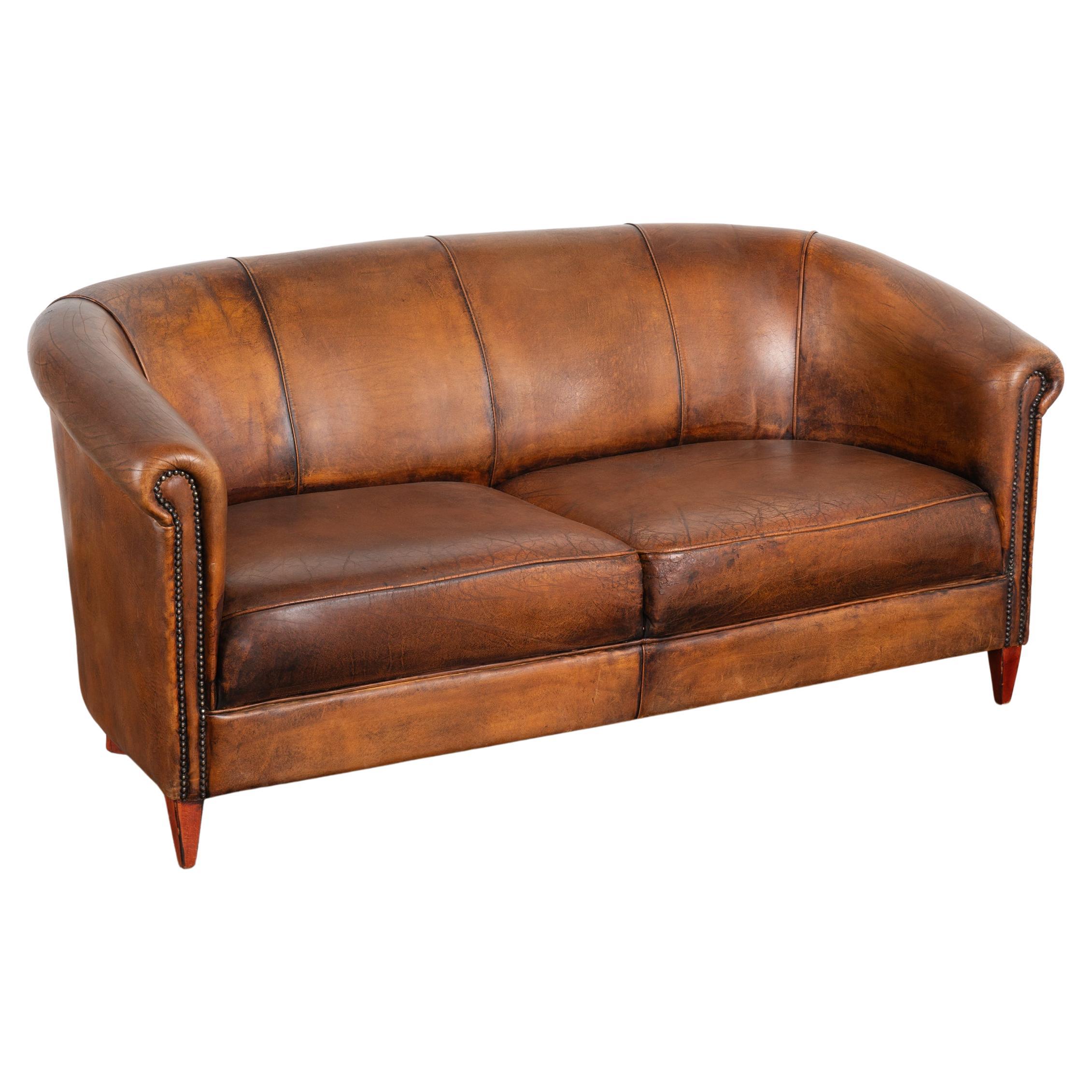 Vintage Brown Leather 2 Seat Sofa Loveseat from The Netherlands circa 1960 70