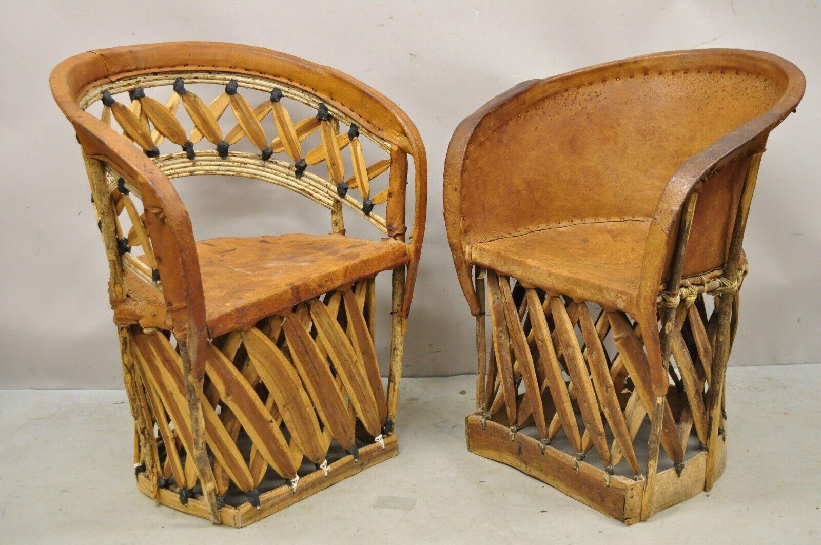 Vintage Brown Leather and Cedar Wood Mexican Equipale Barrel Club Chairs a Pair. Item features 