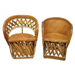 Vintage Brown Leather and Cedar Wood Mexican Equipale Barrel Club Chairs a Pair