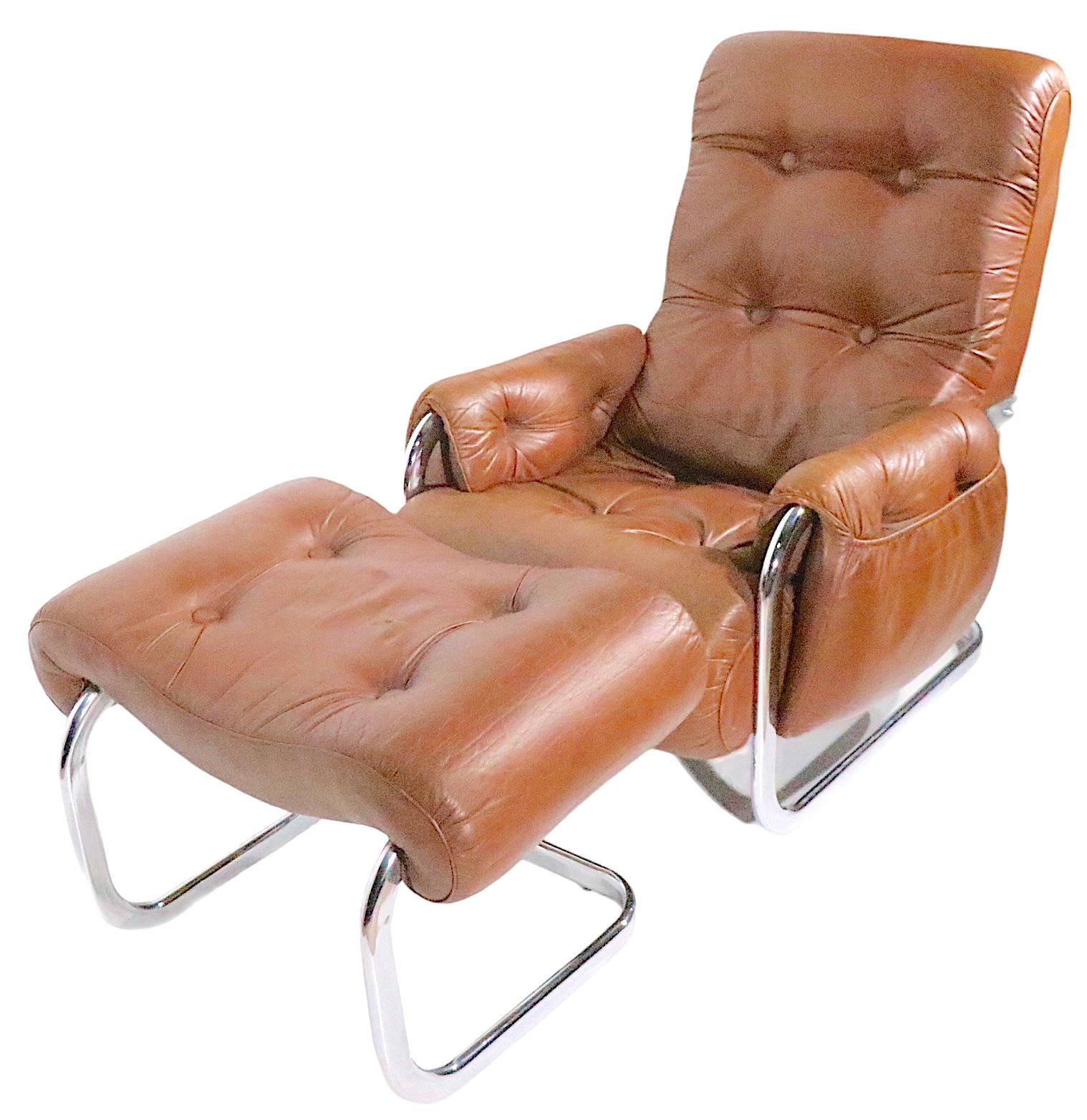 Vintage Brown Leather and Chrome Low Lounge Chair and Ottoman C 1970/1980s 6