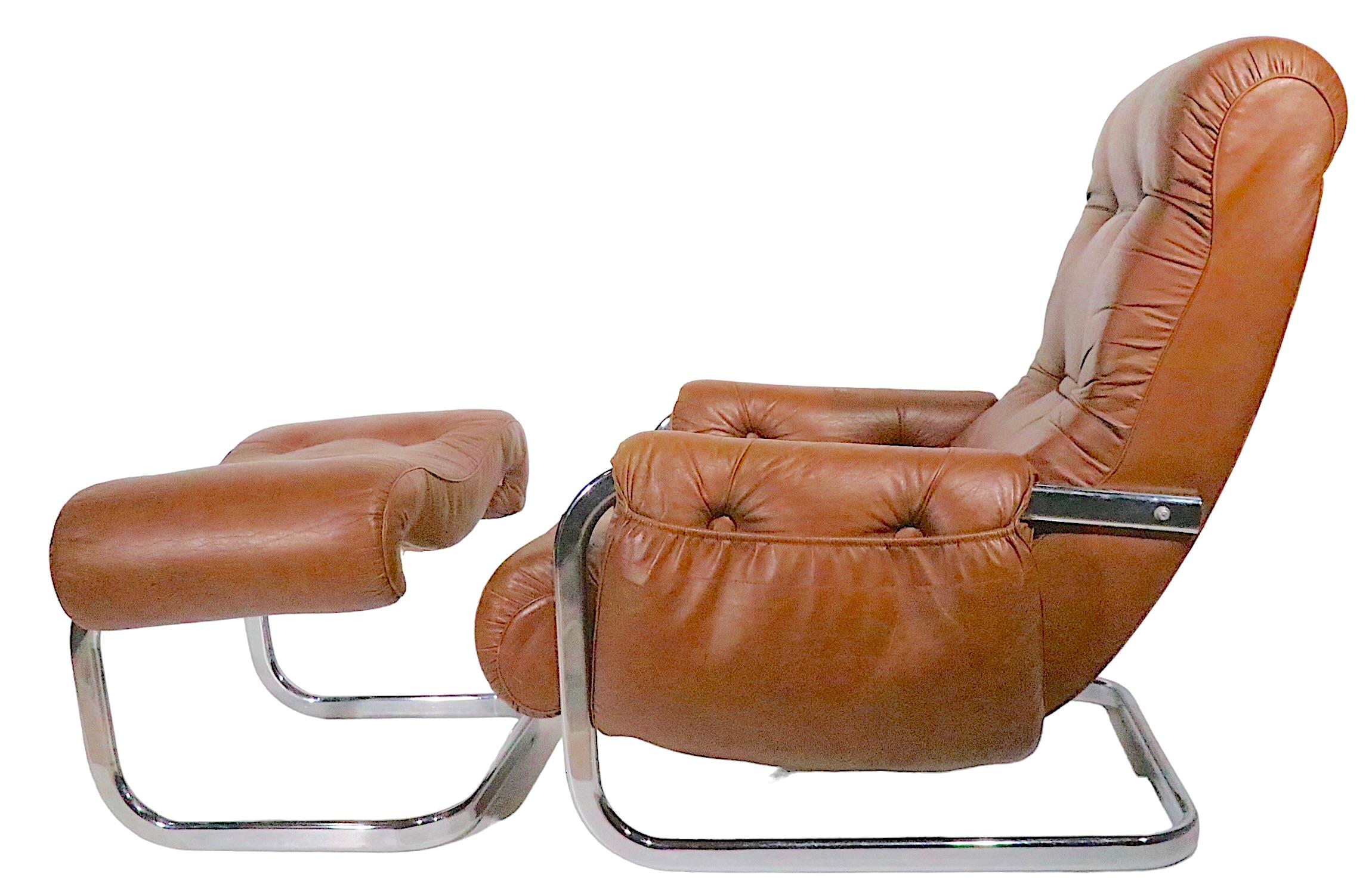 Vintage Brown Leather and Chrome Low Lounge Chair and Ottoman C 1970/1980s 7