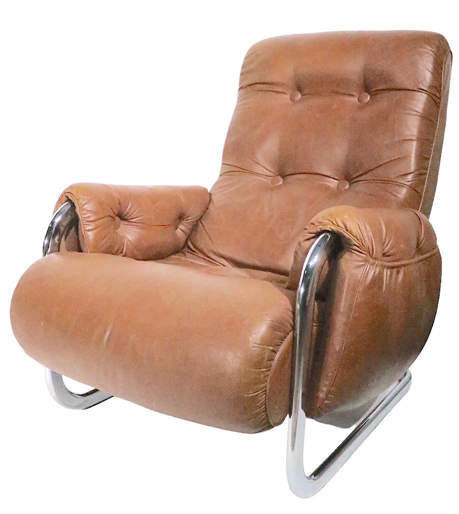 Vintage Brown Leather and Chrome Low Lounge Chair and Ottoman C 1970/1980s In Good Condition In New York, NY