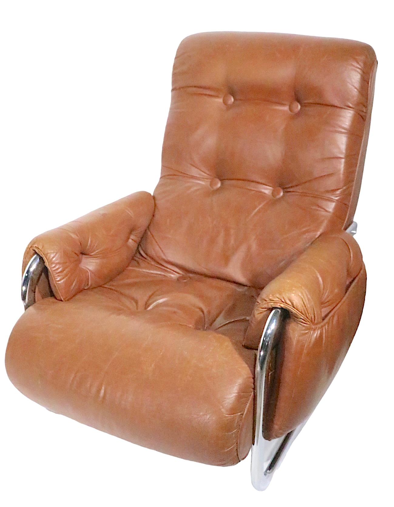 20th Century Vintage Brown Leather and Chrome Low Lounge Chair and Ottoman C 1970/1980s