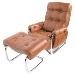 Vintage Brown Leather and Chrome Low Lounge Chair and Ottoman C 1970/1980s