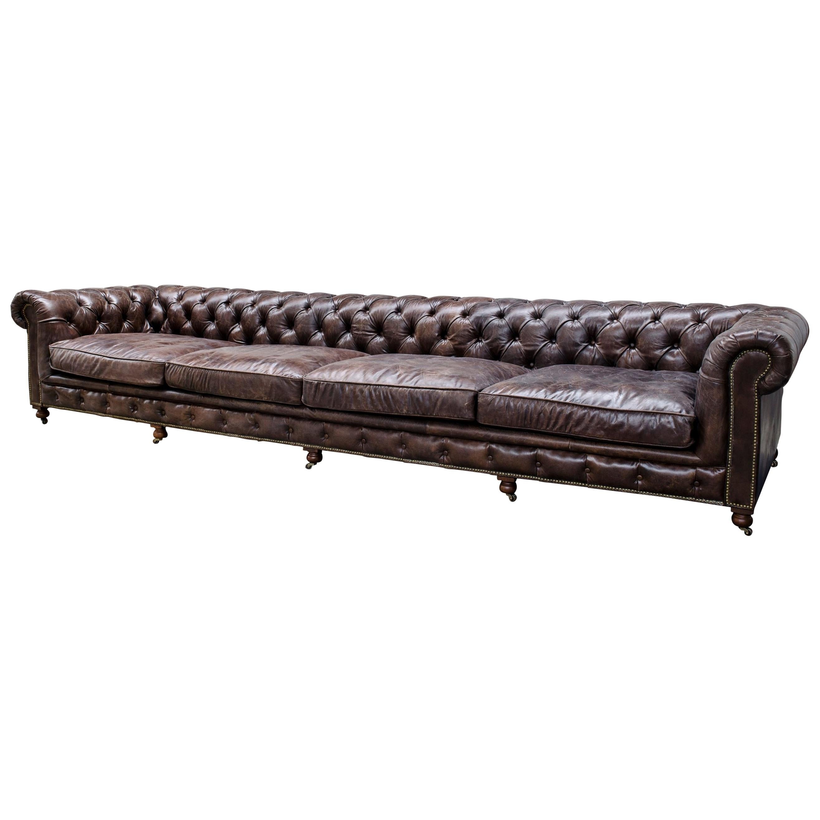 Vintage Brown Leather and Wooden Feet Chesterfield Extra Large Sofa
