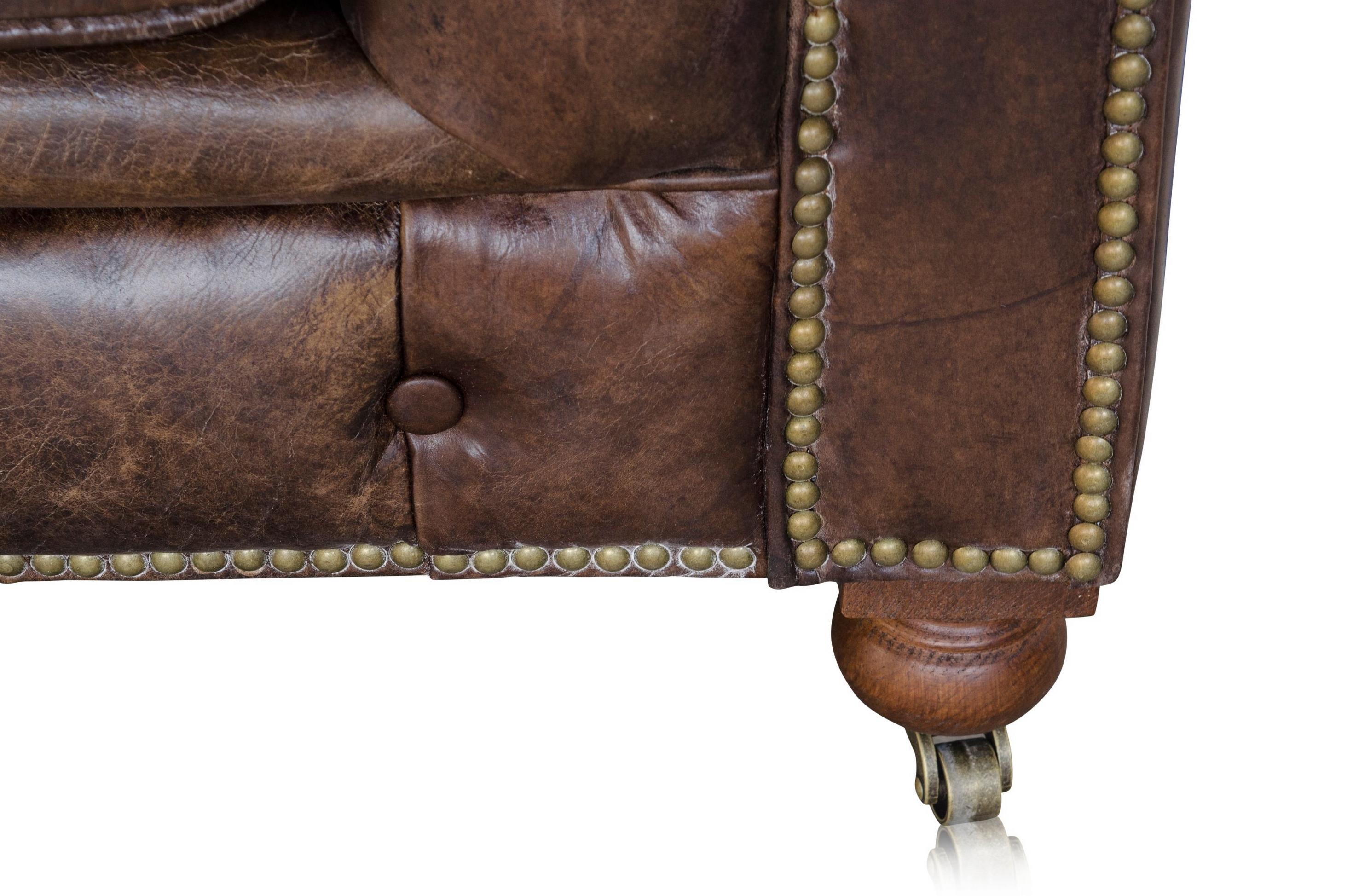 European Brown Leather and Wooden Feet Chesterfield Extra Large Sofa
