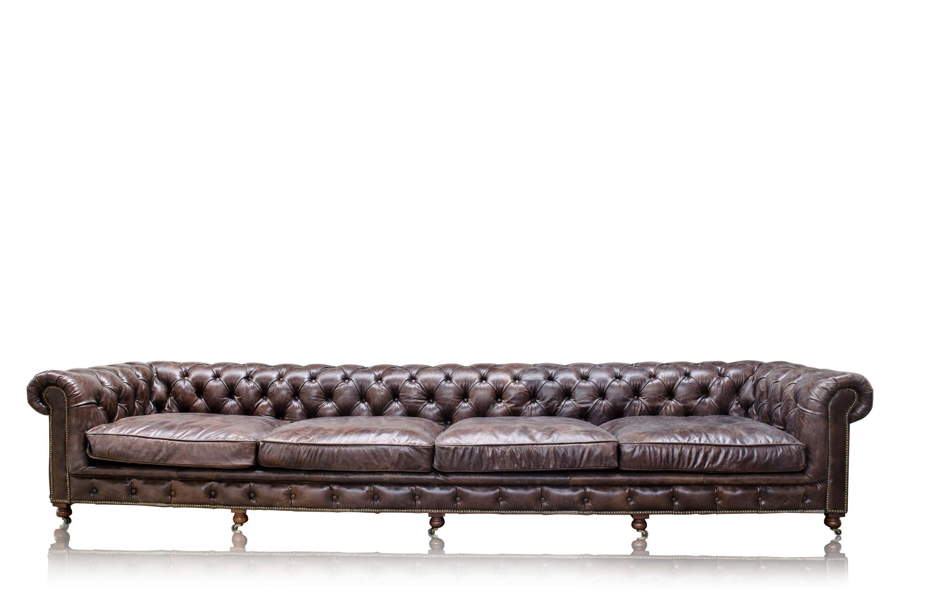 Contemporary Brown Leather and Wooden Feet Chesterfield Extra Large Sofa