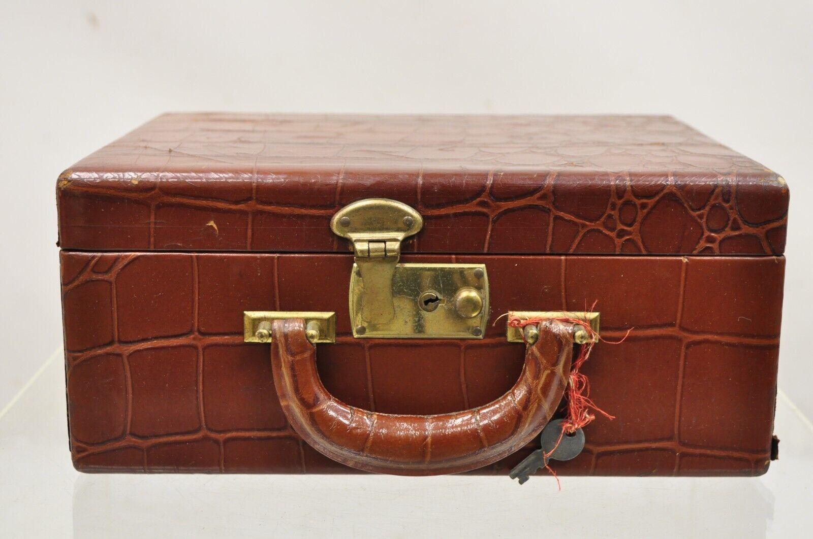 Vintage Brown Leather Art Deco Faux Crocodile Small Toiletry Travel Vanity Case For Sale 8