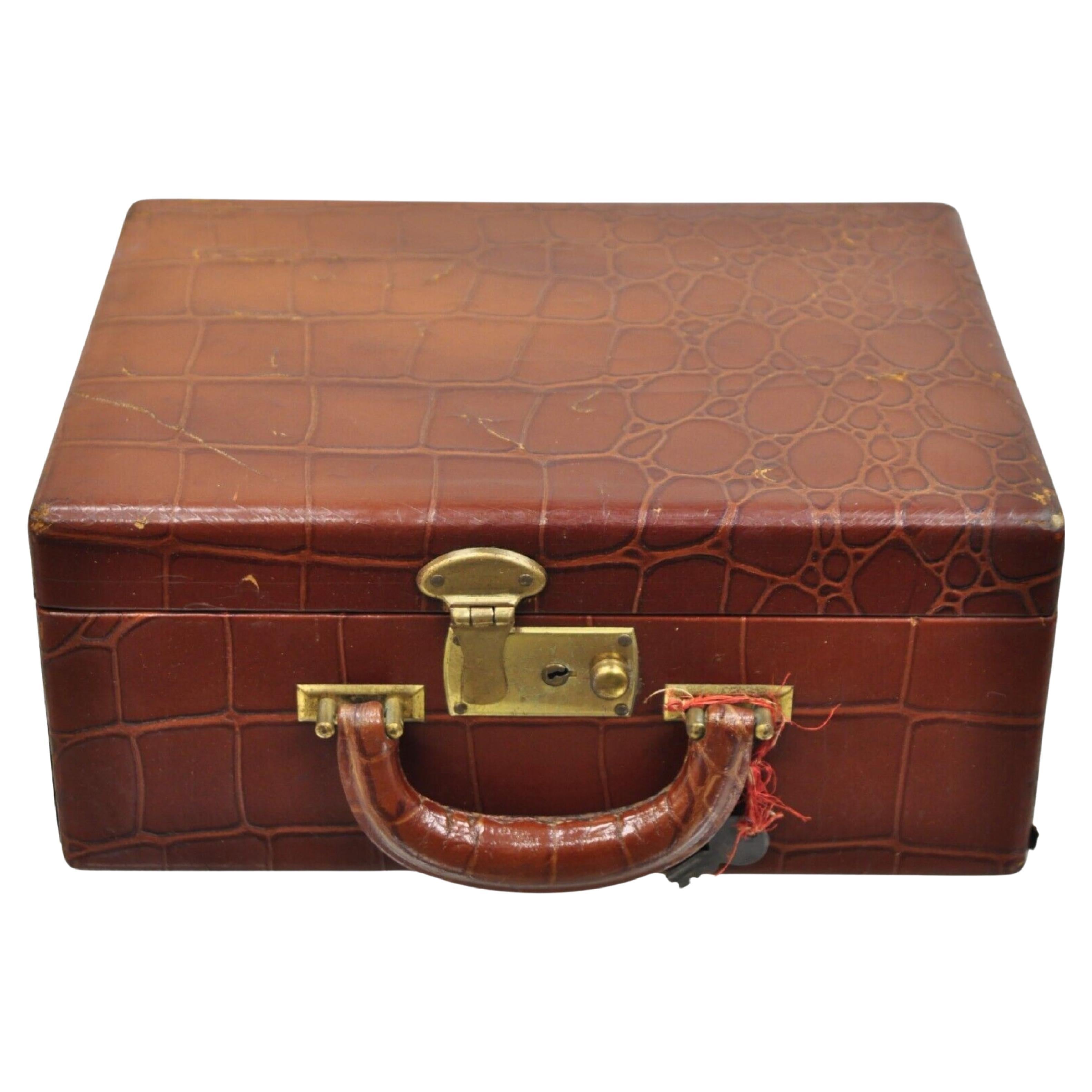 Vintage Brown Leather Art Deco Faux Crocodile Small Toiletry Travel Vanity Case For Sale