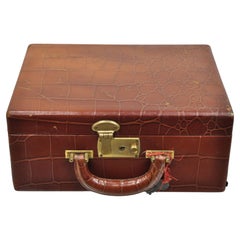 Retro Brown Leather Art Deco Faux Crocodile Small Toiletry Travel Vanity Case