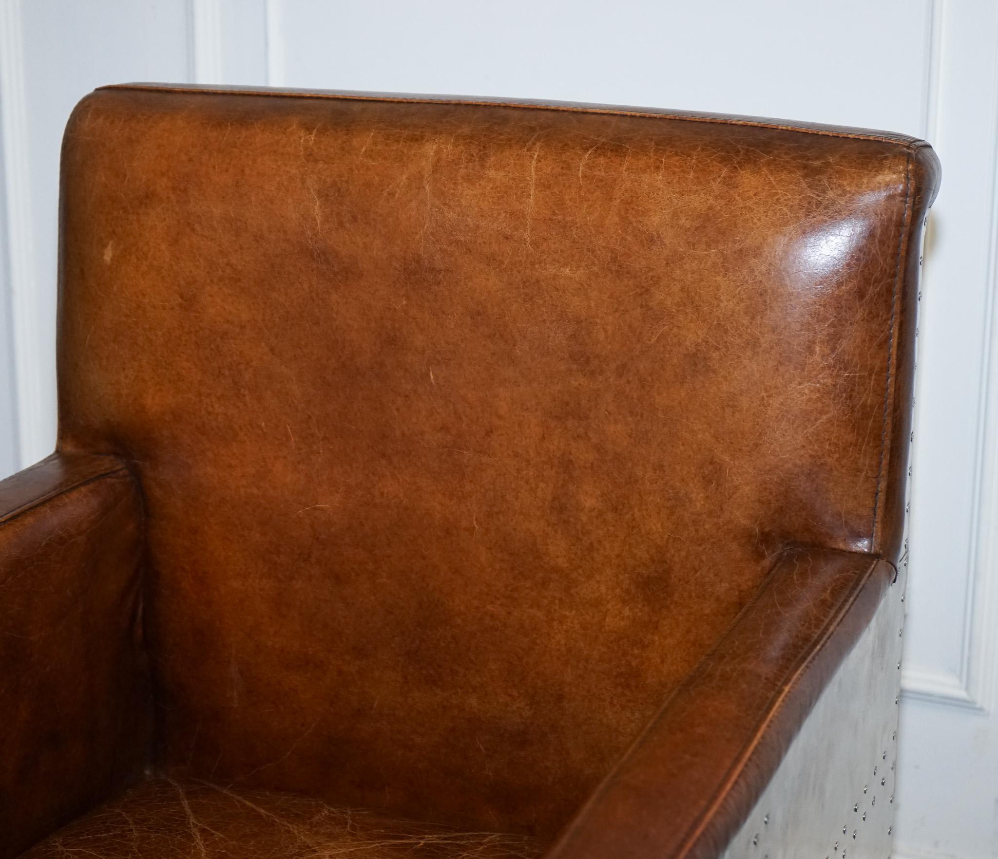 VINTAGE BROWN LEATHER AVIATOR METAL SWIVEL OFFICE CAPTAINS ARMCHAiR For Sale 9