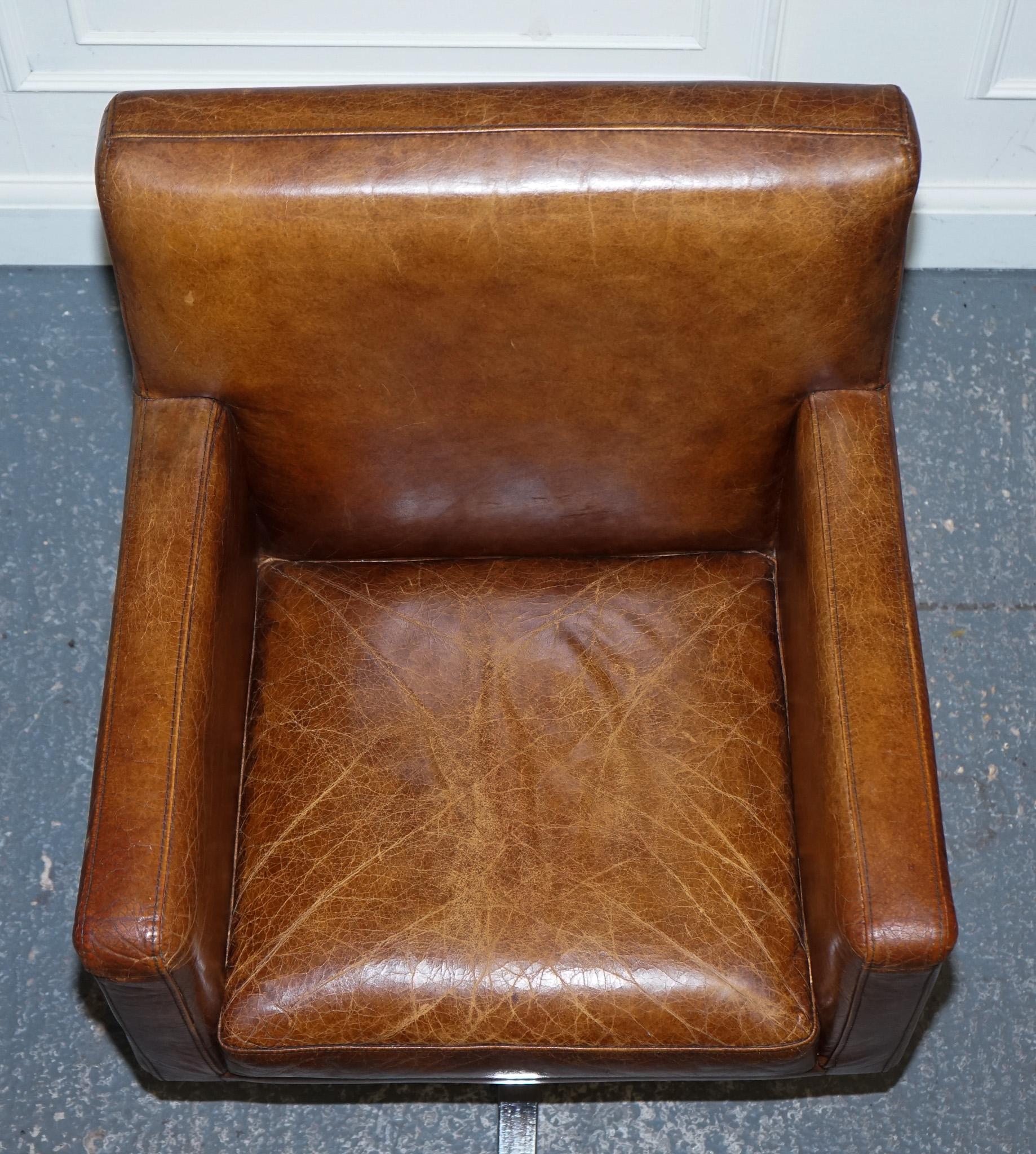 Leather VINTAGE BROWN LEATHER AVIATOR METAL SWIVEL OFFICE CAPTAINS ARMCHAiR For Sale
