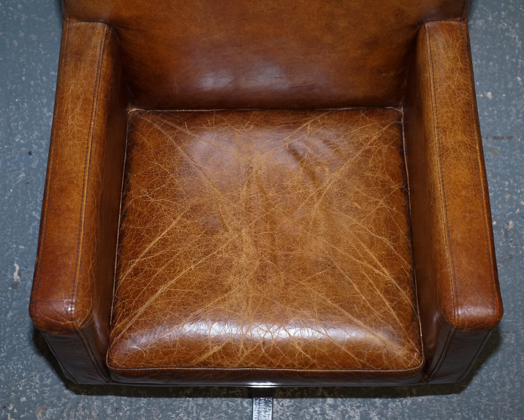 VINTAGE BROWN LEATHER AVIATOR METAL SWIVEL OFFICE CAPTAINS ARMCHAiR For Sale 2