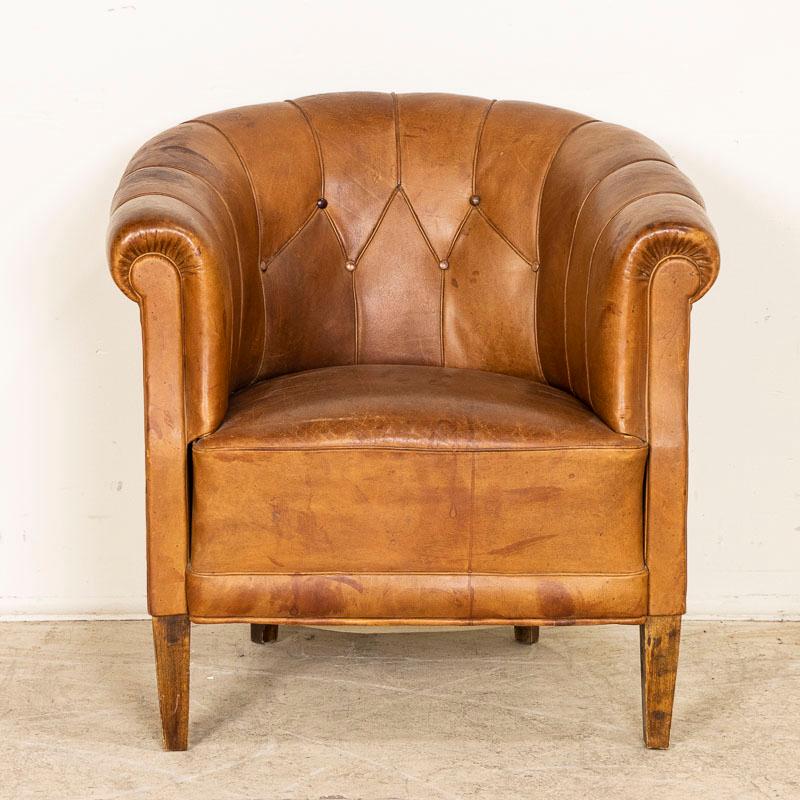 Danish Vintage Brown Leather Barrel Chair Club Chair from Denmark