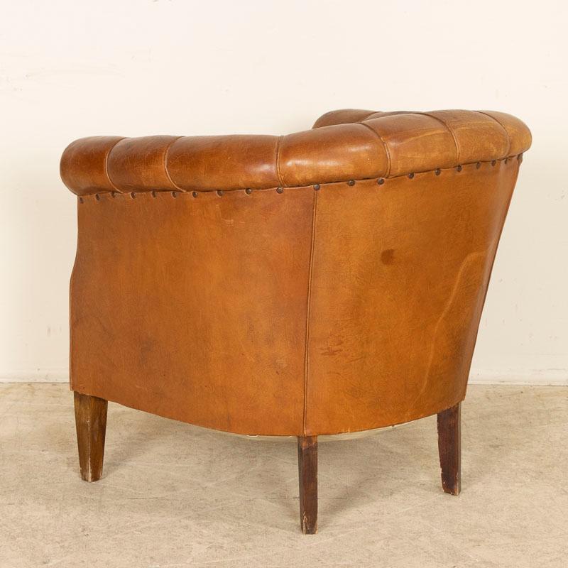 Vintage Brown Leather Barrel Chair Club Chair from Denmark In Good Condition In Round Top, TX
