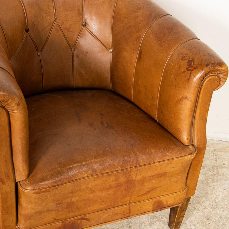 19th Century Vintage Brown Leather Barrel Chair Club Chair from Denmark