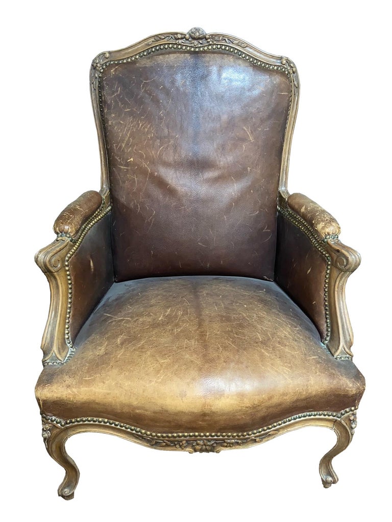 Vintage Brown Leather Bergère Chairs at 1stDibs